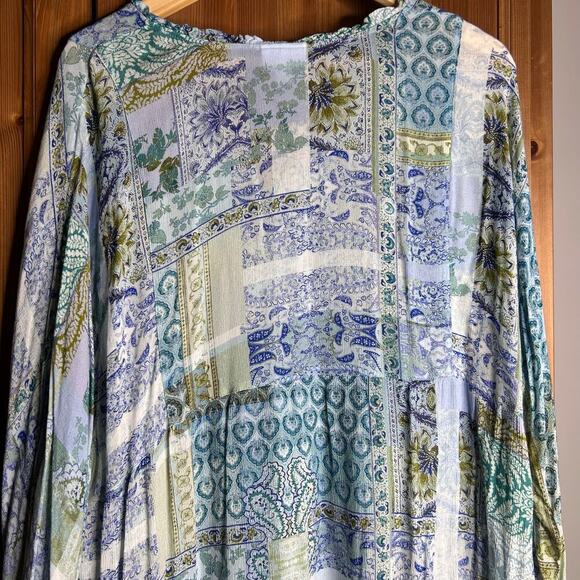 J. Jill Patchwork Blouse Women’s 2x Blue Green Long Sleeve Boho Hippie Bohemian - Picture 5 of 9